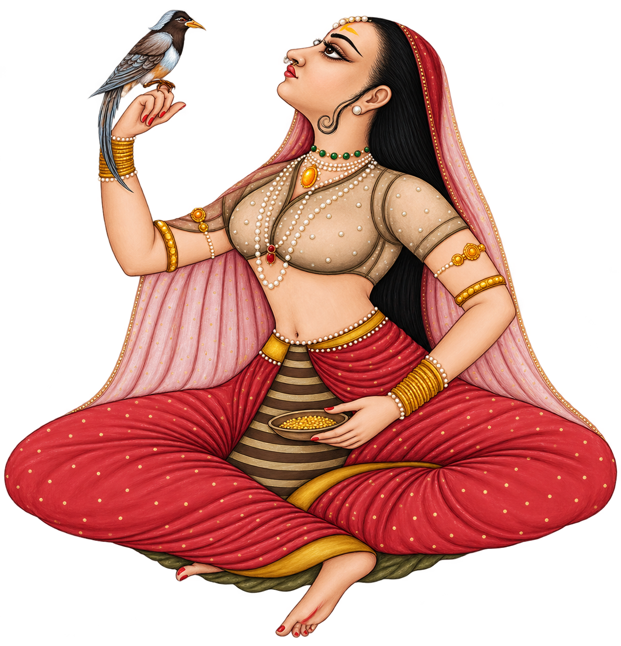 Miniature painting of a seated woman with a bird on her hand